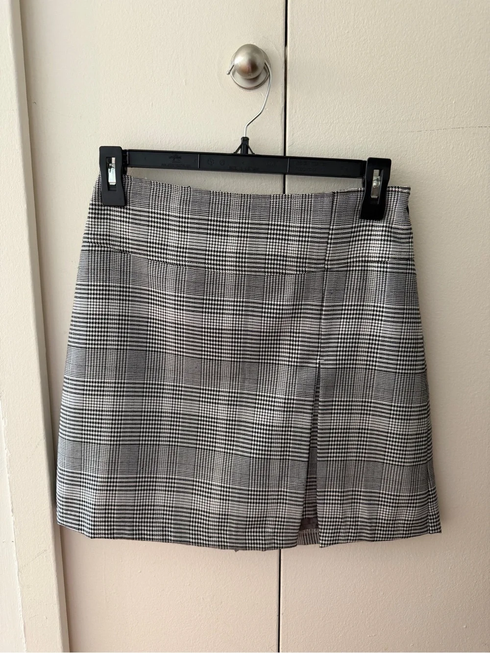 High-Rise Plaid A-Line Mini Skirt with Front Slit - Black & White